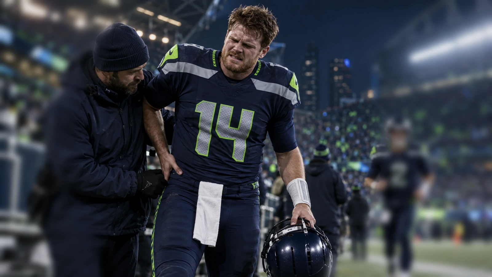 Sam Darnold leaving the field with help after suffering a hip injury in Seattle.