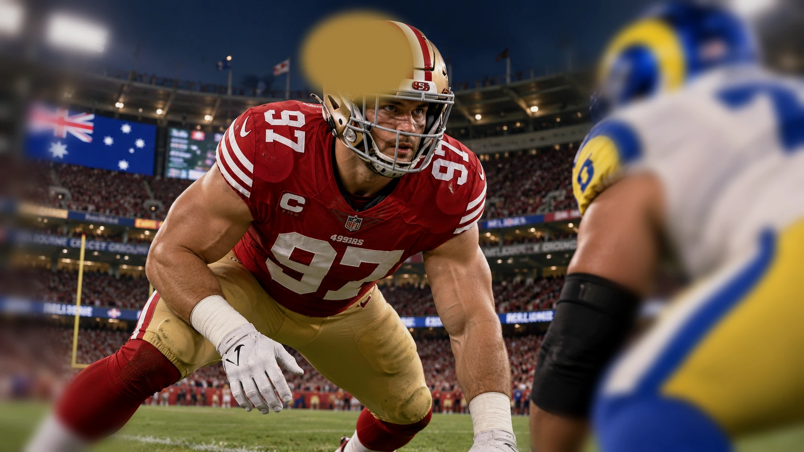 A San Francisco defender lines up across from a Los Angeles blocker before the NFL opener in Melbourne.