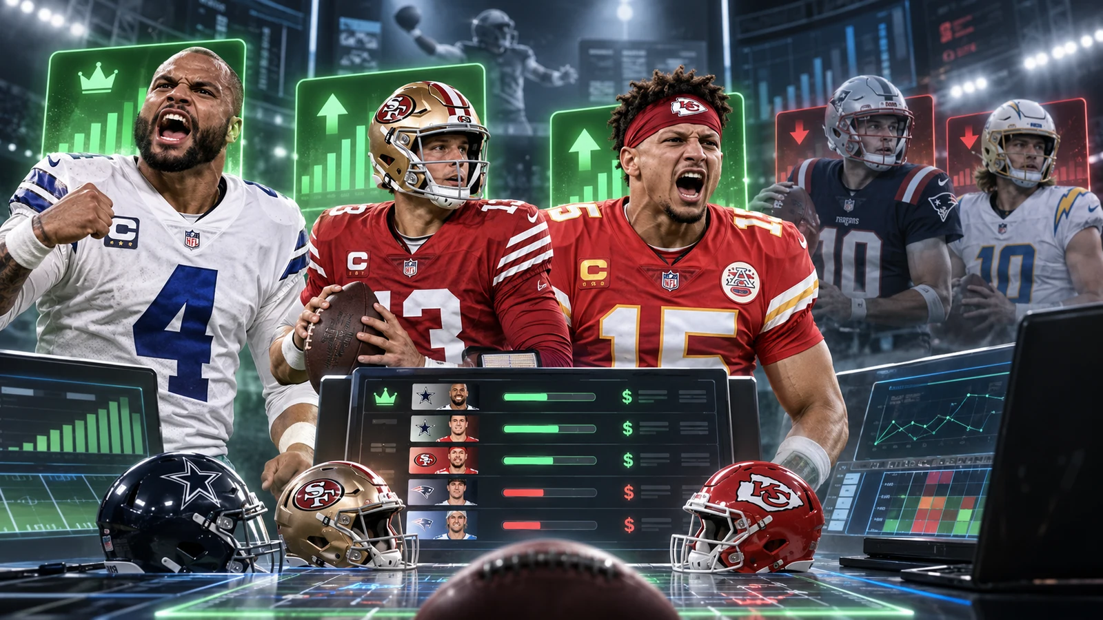 FSN DFS Week 2 quarterback projection audit featuring Dak Prescott, Brock Purdy, Patrick Mahomes, Drake Maye and Justin Herbert