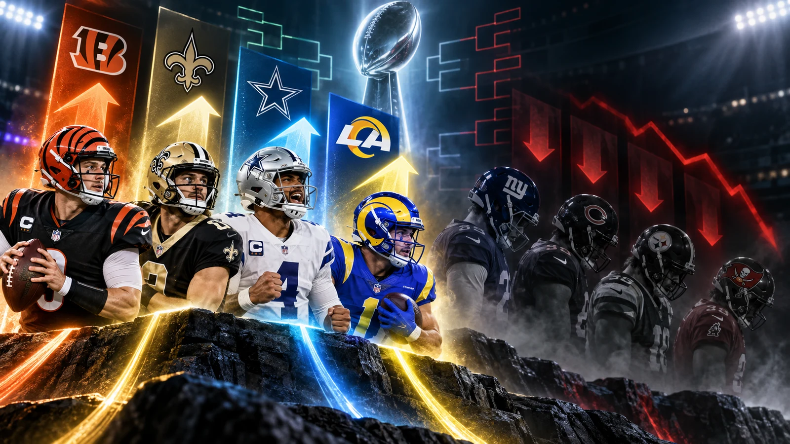 FSN playoff predictor showing NFL teams rising and falling after Week 2