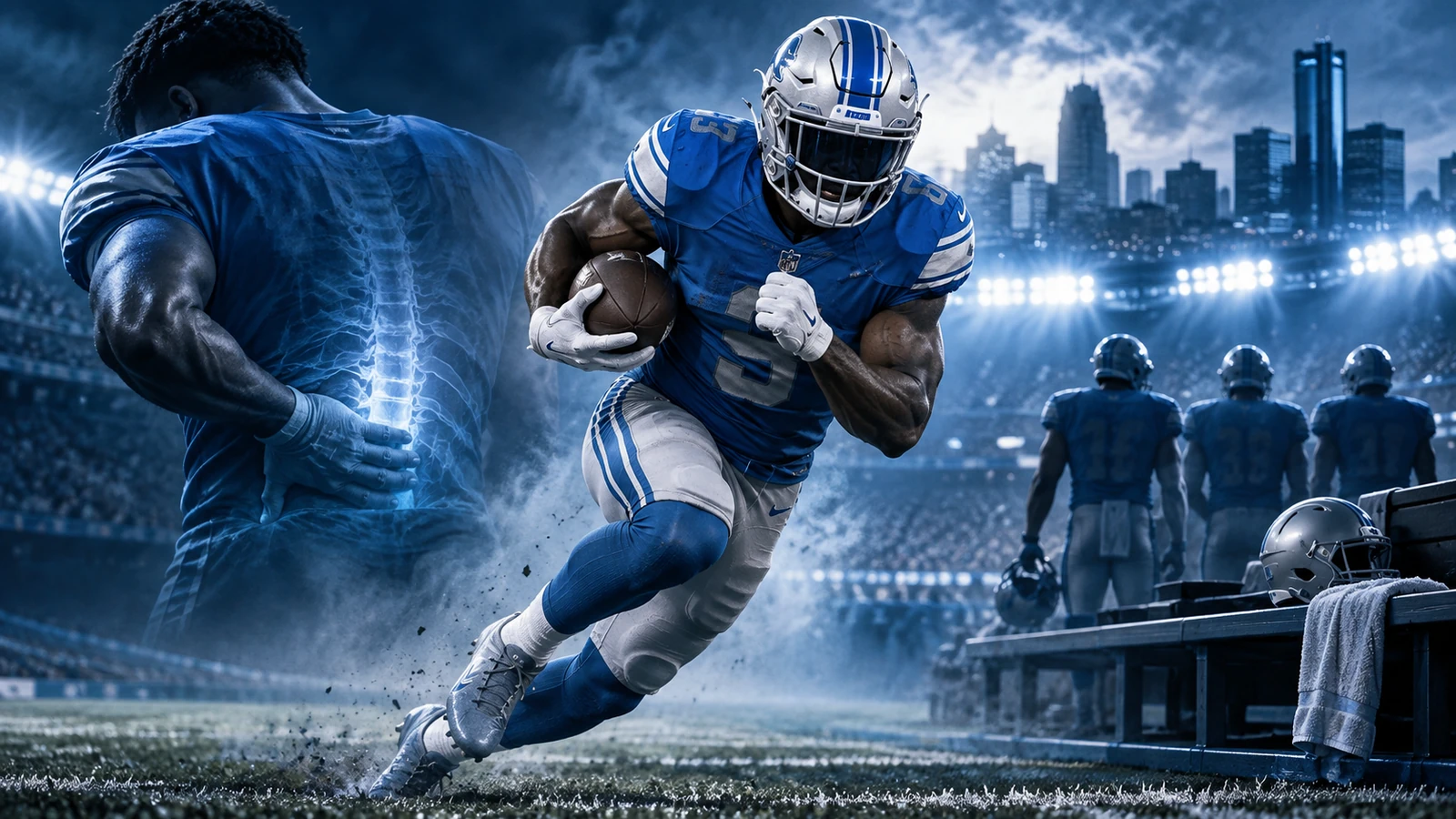 Detroit Lions backfield injury artwork representing Isiah Pacheco's back surgery and recovery timeline