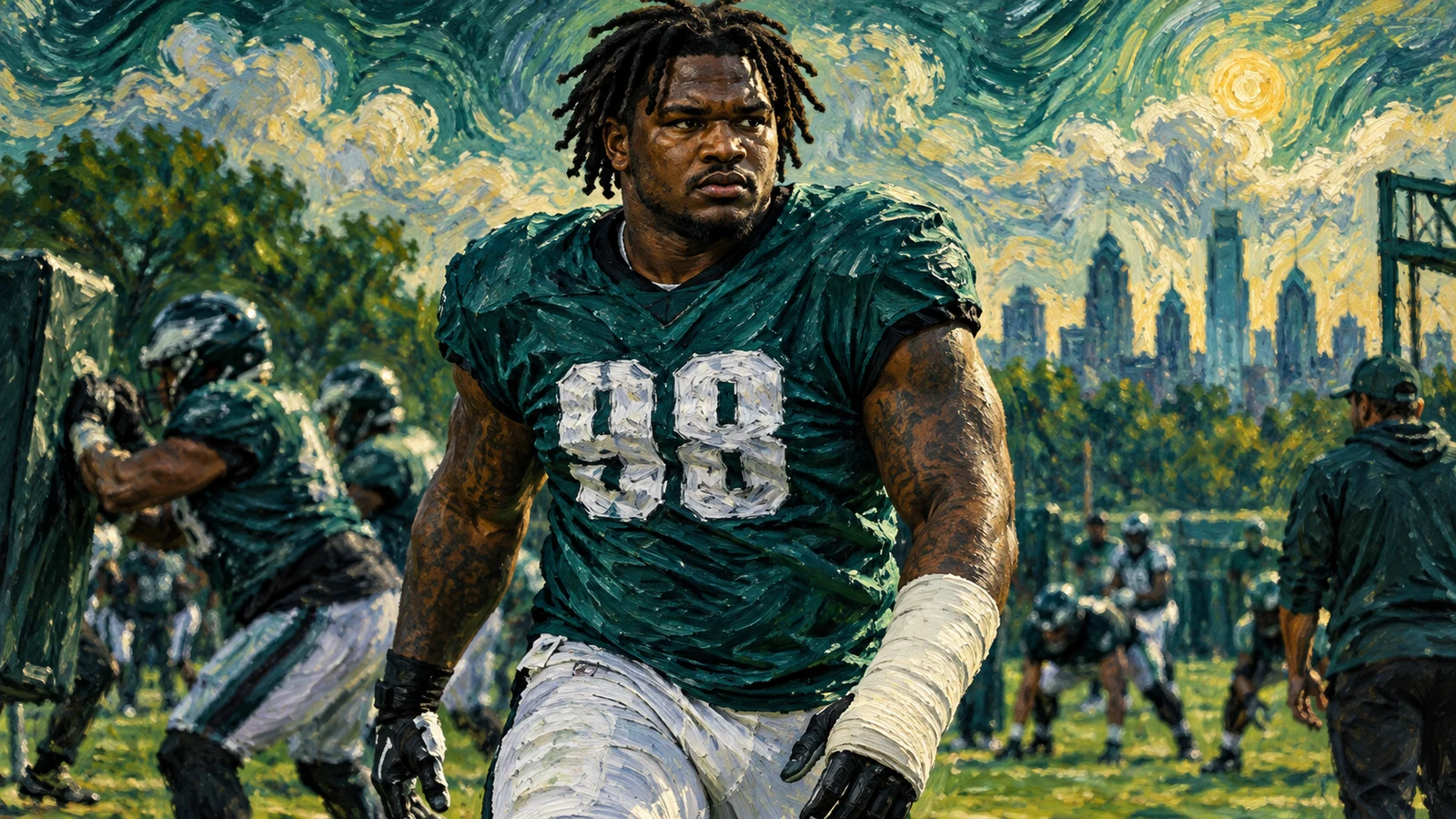 Jalen Carter practicing with the Philadelphia Eagles while wearing a cast on his injured wrist before facing the Titans.