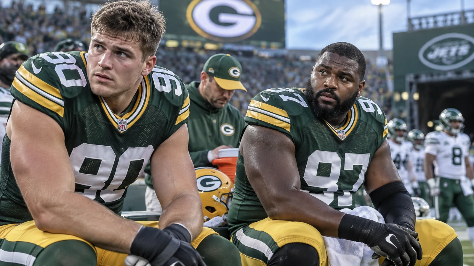 Packers defenders Javon Hargrave and Lukas Van Ness on the sideline before Green Bay's Week 2 game against the Jets.