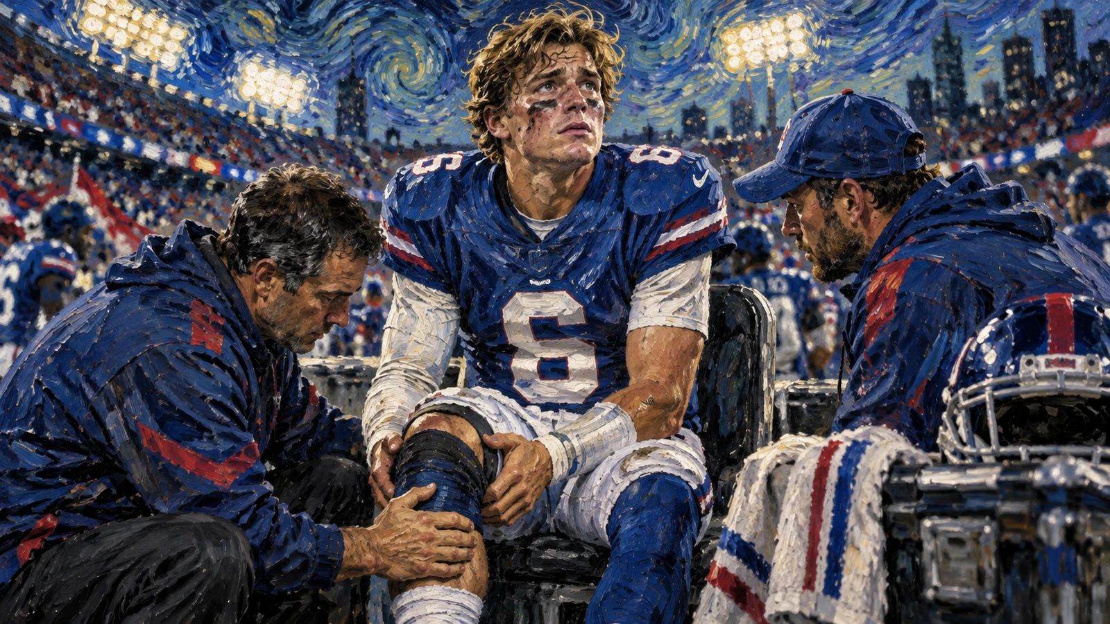 New York Giants quarterback Jaxson Dart receiving sideline attention after a knee injury believed to be a sprained MCL.