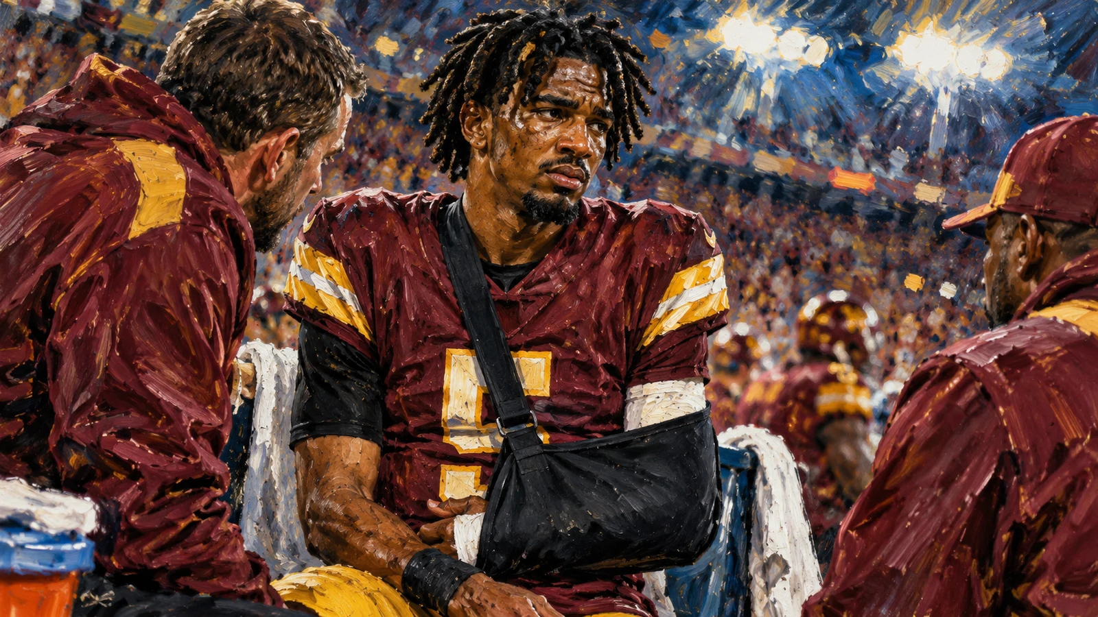 Washington Commanders quarterback Jayden Daniels on the sideline with his left arm supported after dislocating his elbow against Dallas.