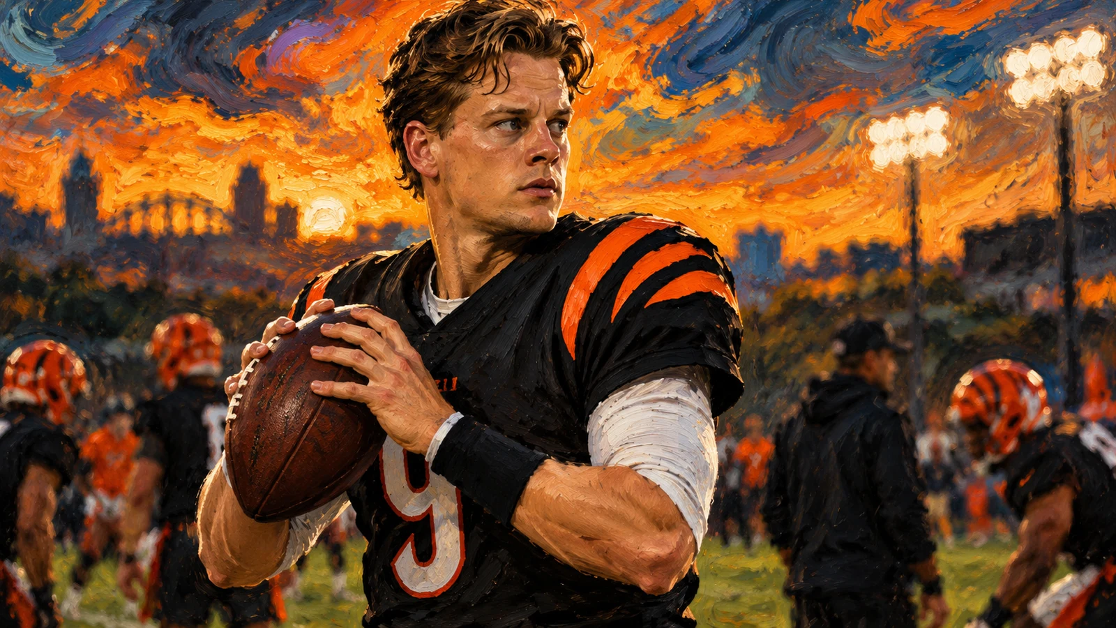 Cincinnati Bengals editorial illustration of Joe Burrow managing back tightness ahead of Week 2 against Houston.