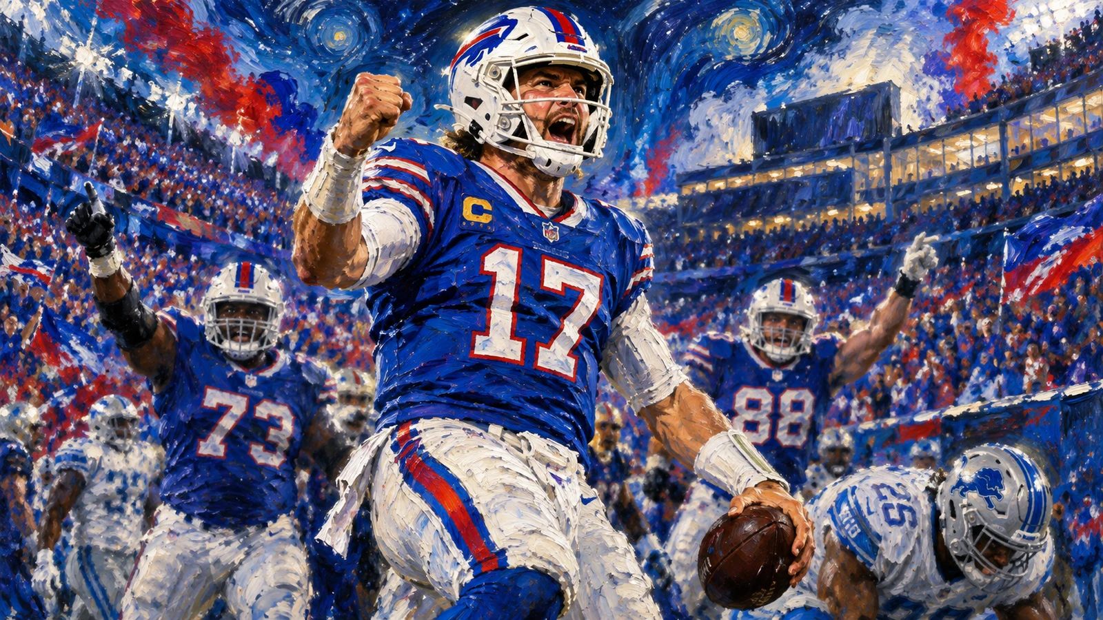 Josh Allen celebrating for Buffalo after a five-touchdown performance in the Bills' 41-31 win over the Lions.