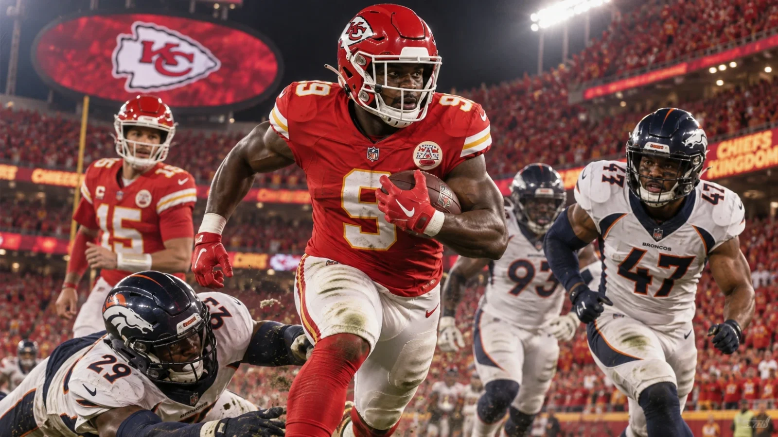 Kenneth Walker III runs through Denver Broncos defenders during the Kansas City Chiefs' 31-10 Week 1 win at Arrowhead Stadium.