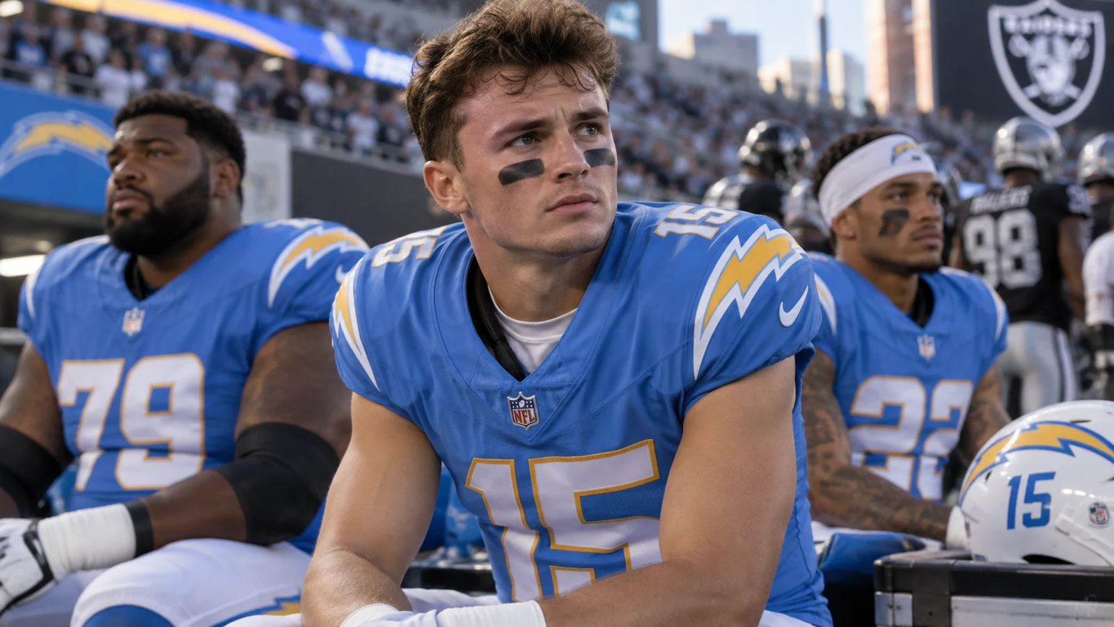 Ladd McConkey on the Chargers sideline before the Week 2 game against the Raiders, with Trey Pipkins and Elijah Molden unavailable.