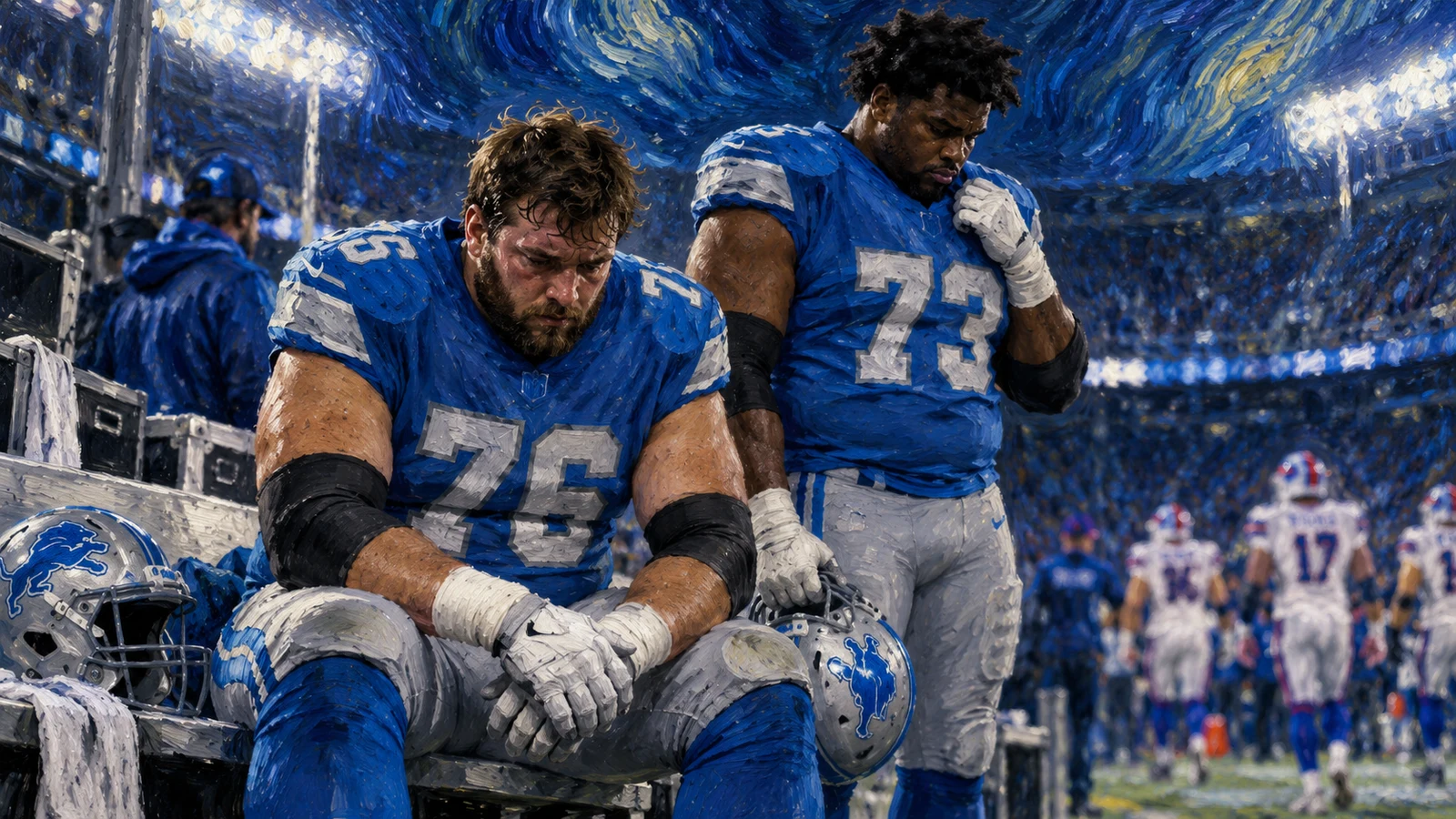 Detroit Lions editorial illustration representing the offensive line injuries to Blake Miller and Christian Mahogany ahead of Thursday night against Buffalo.