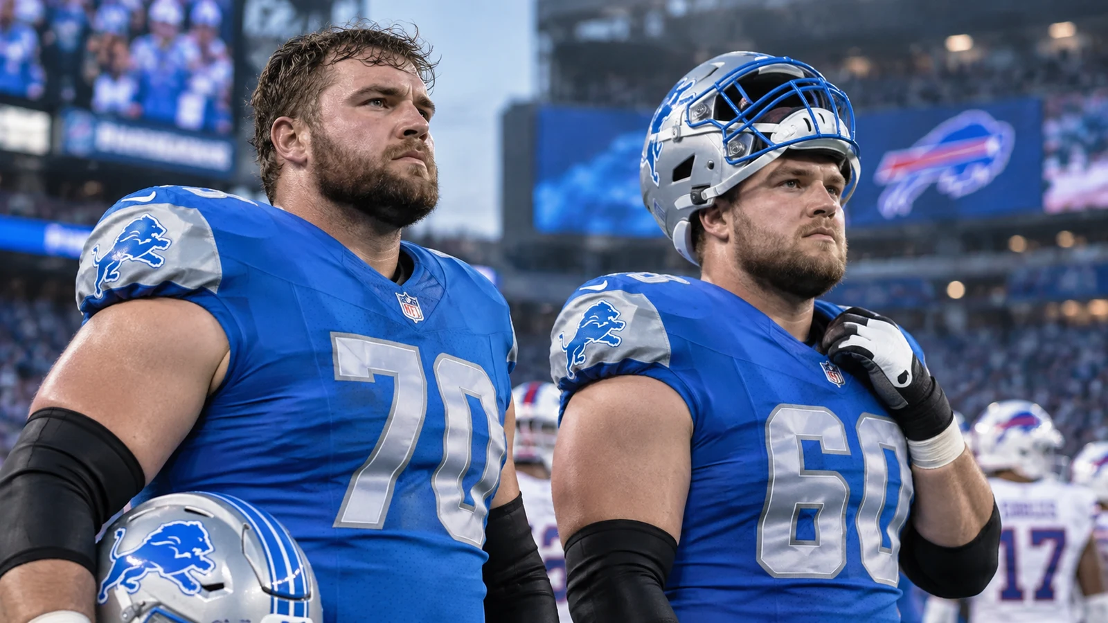 Detroit Lions offensive linemen prepare for a game against the Buffalo Bills.