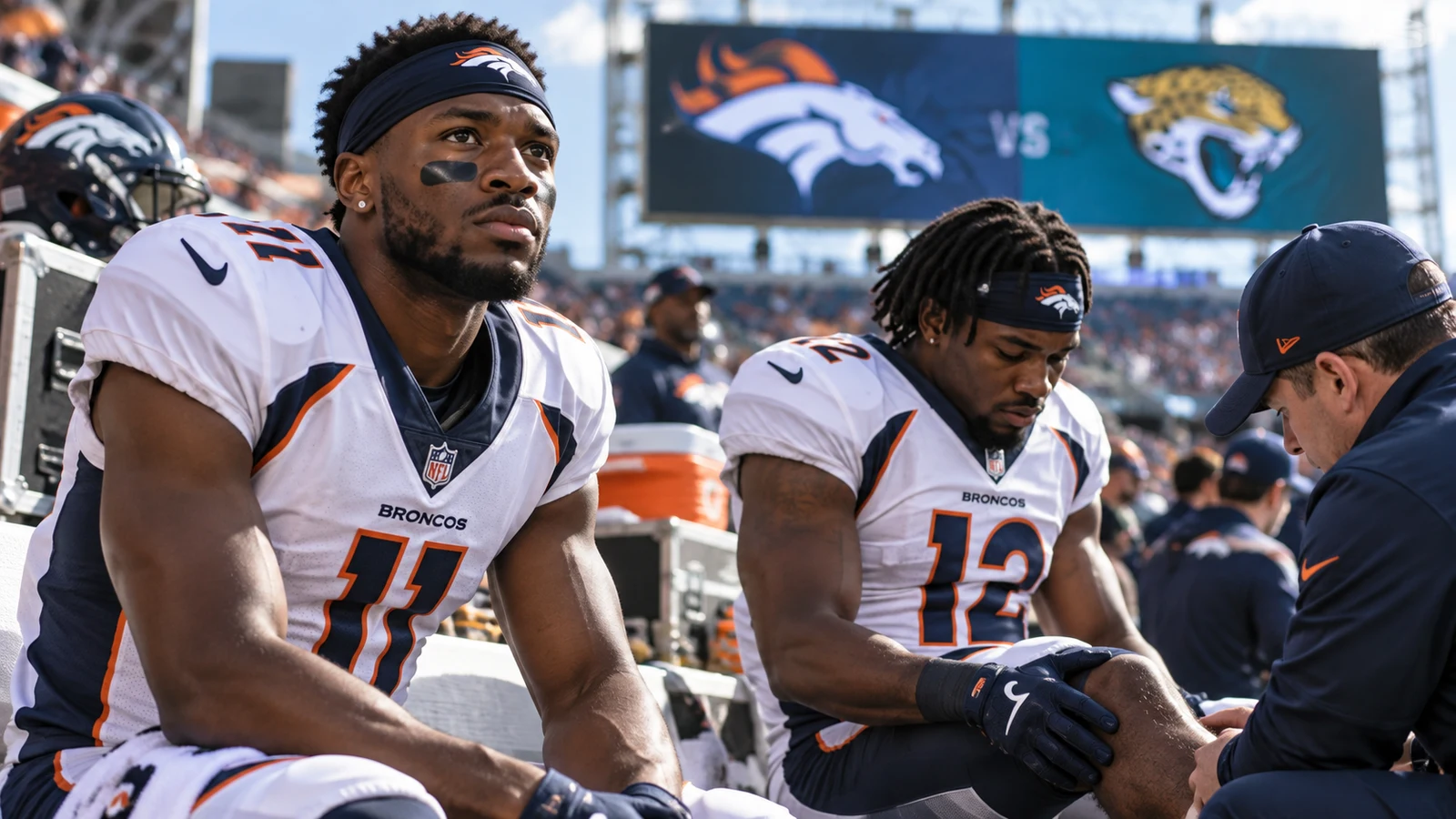 Broncos players Marvin Mims and RJ Harvey on the sideline before Denver's Week 2 matchup with the Jaguars.