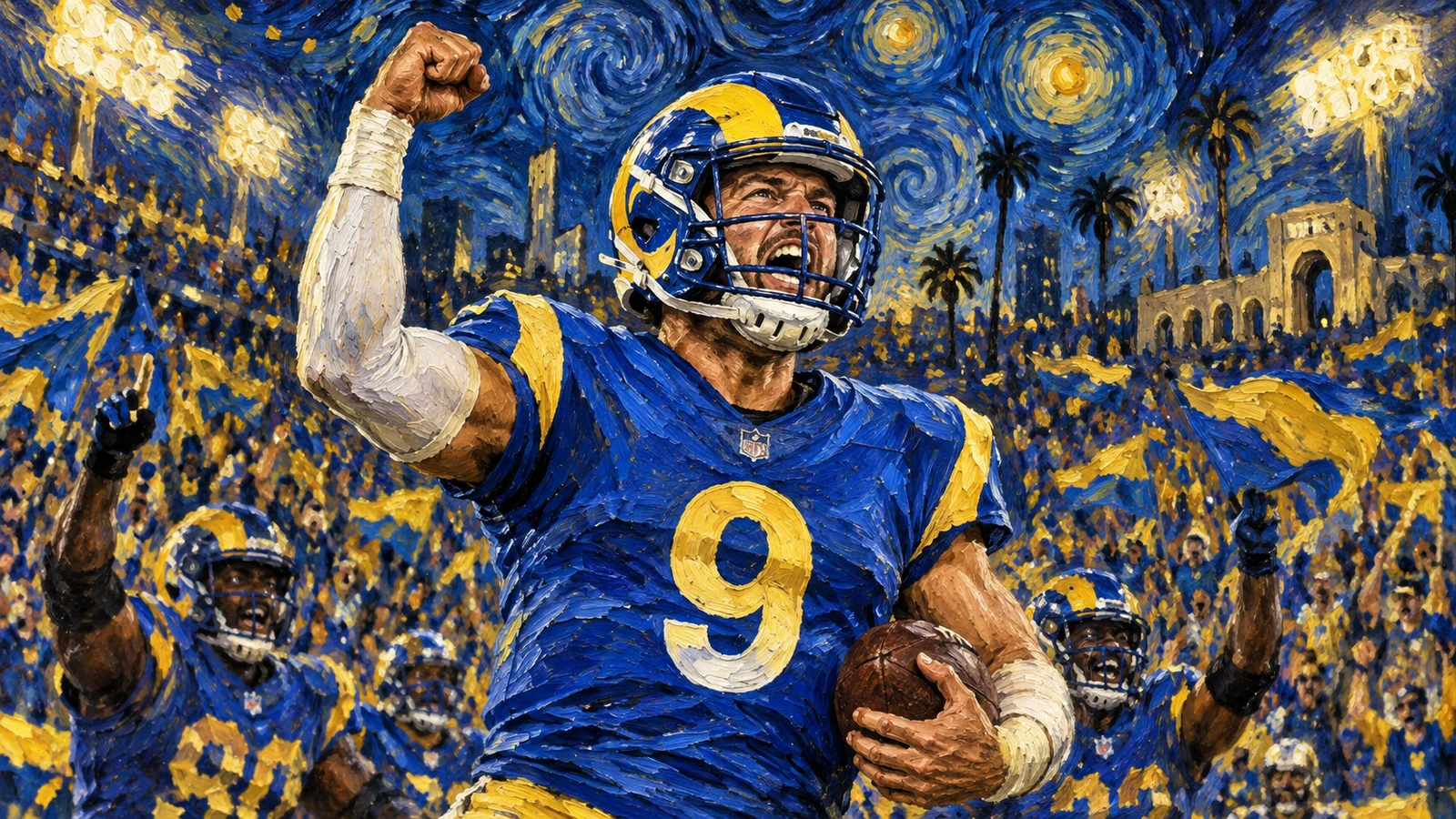 Matthew Stafford celebrating with the Los Angeles Rams after moving past Philip Rivers for sixth on the NFL touchdown-pass list.