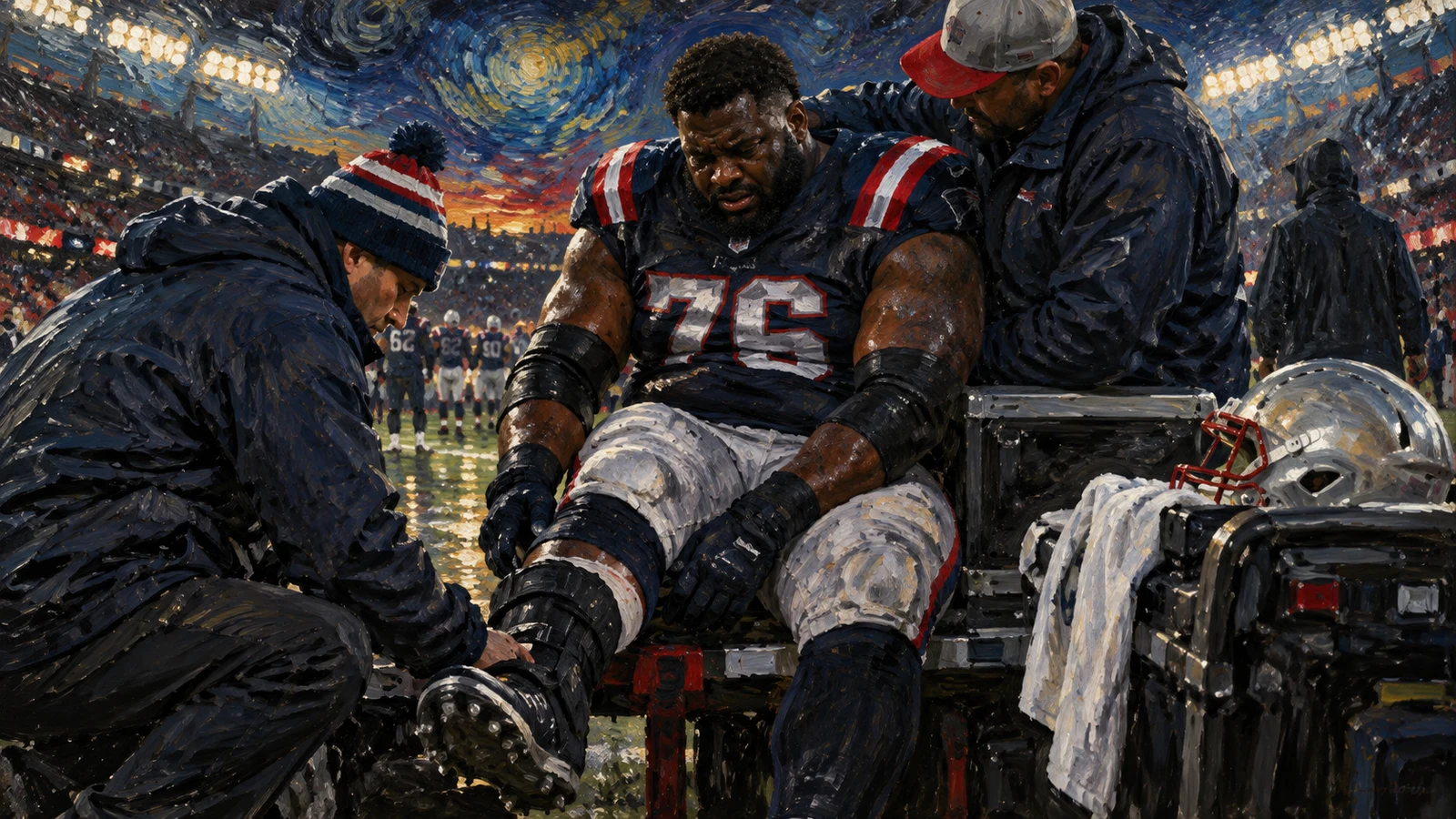 New England Patriots offensive lineman Mike Onwenu receiving medical attention for a broken ankle after the Week 2 win.