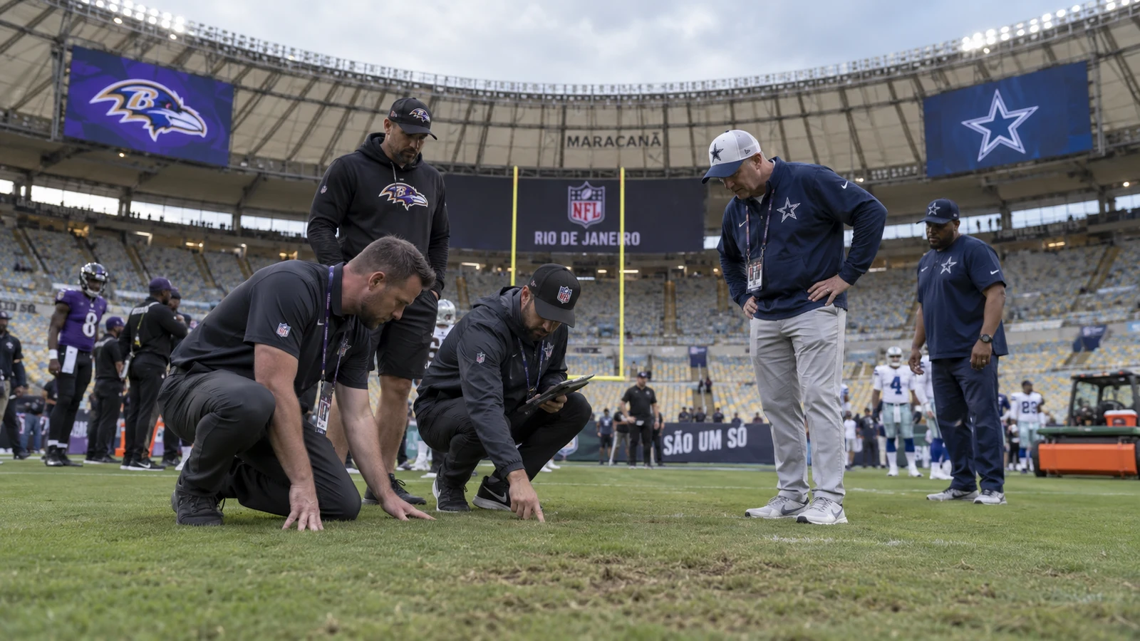NFL staff inspecting Maracanã field conditions ahead of the Ravens-Cowboys Rio game