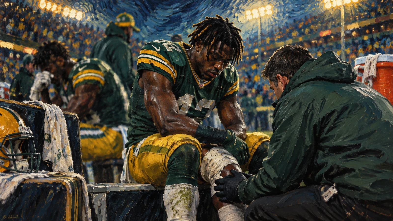 Green Bay Packers players receiving sideline medical attention after injuries involving Jayden Reed and Zach Bako-Bewele.