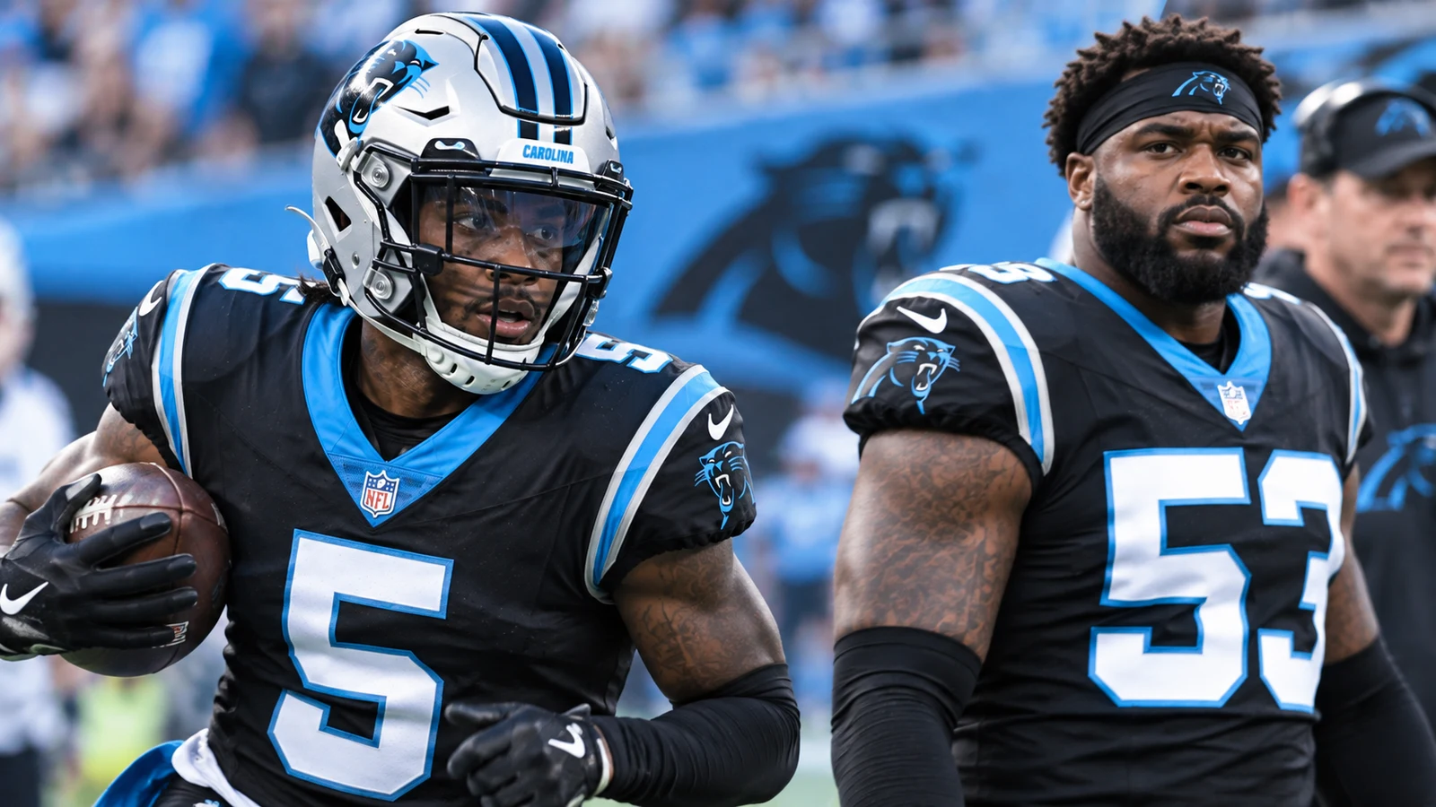 Carolina Panthers players Jimmy Horn Jr. and Tyrel Dodson on the sideline as the team reshapes its Week 2 roster.