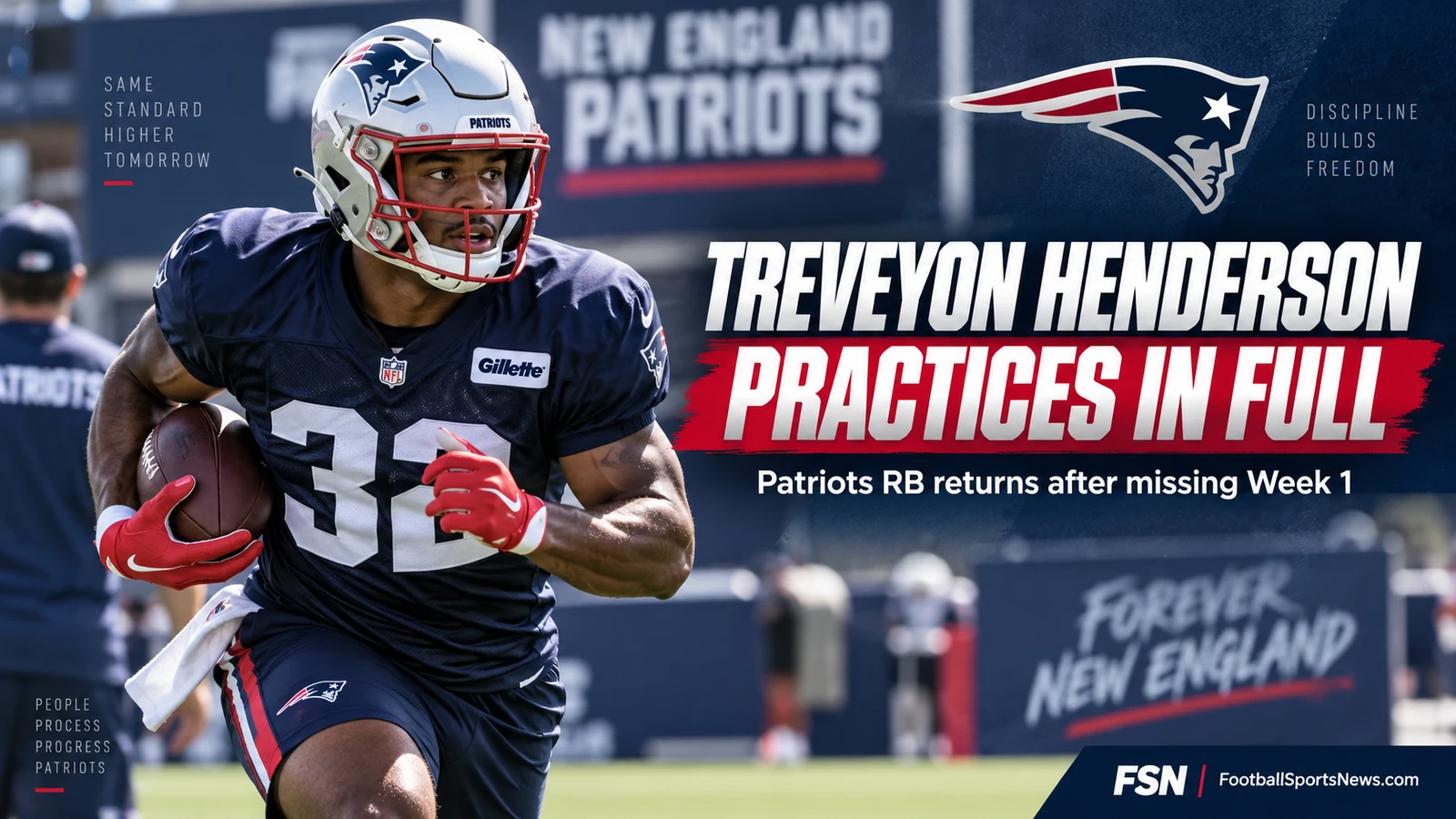 New England Patriots editorial graphic for TreVeyon Henderson returning to full practice after missing Week 1 with an ankle injury.
