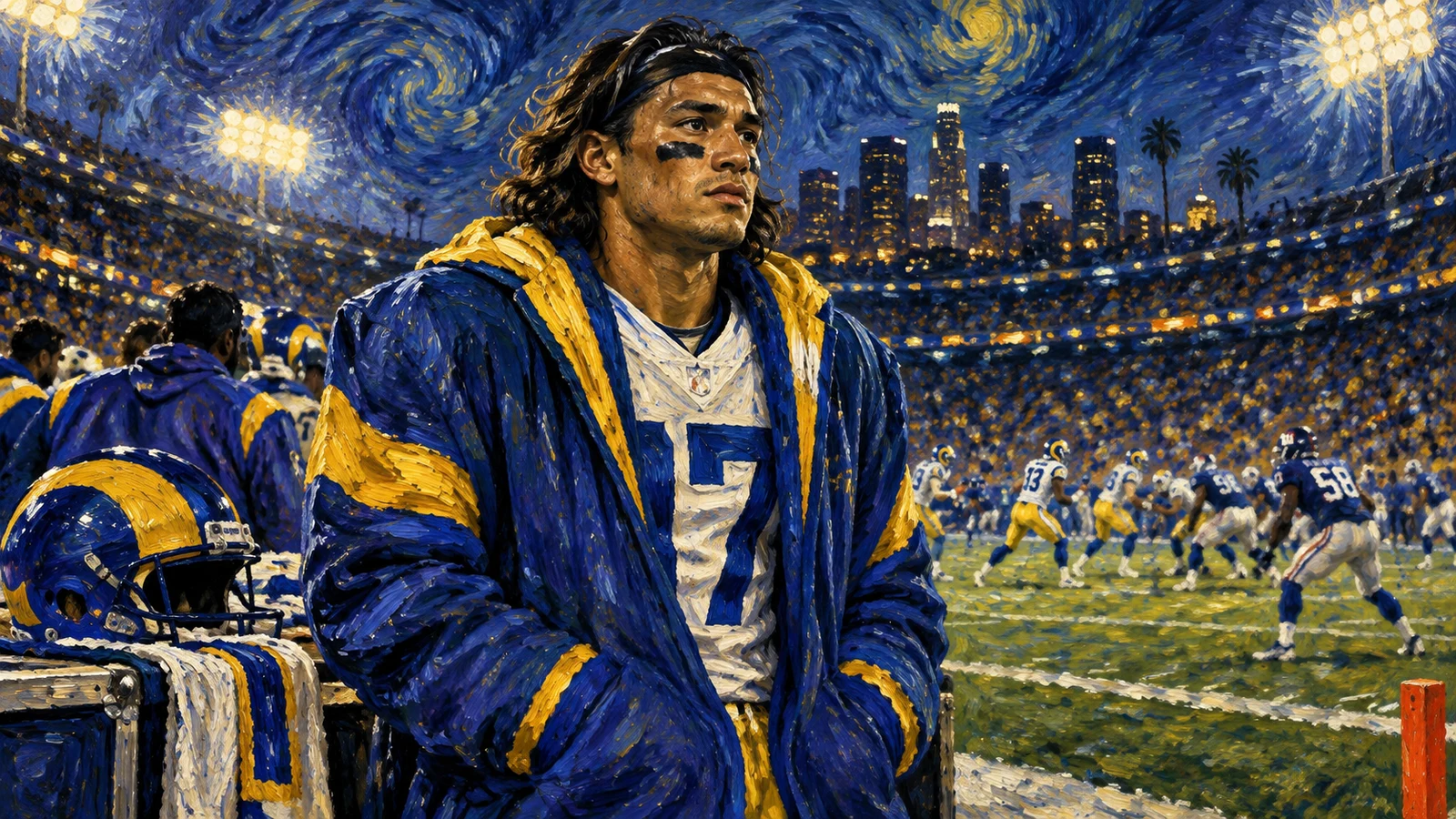 Los Angeles Rams receiver Puka Nacua watching from the sideline while inactive against the Giants on Monday night.