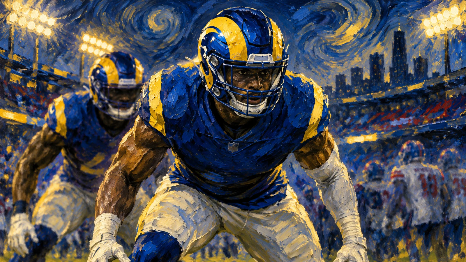 Los Angeles Rams defensive depth preparing under stadium lights before the Week 2 game against the Giants.