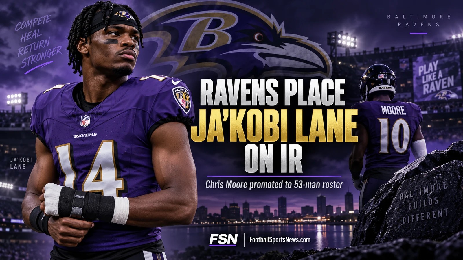 Baltimore Ravens editorial graphic for Ja'Kobi Lane going on injured reserve after wrist surgery with Chris Moore promoted to the 53-man roster.