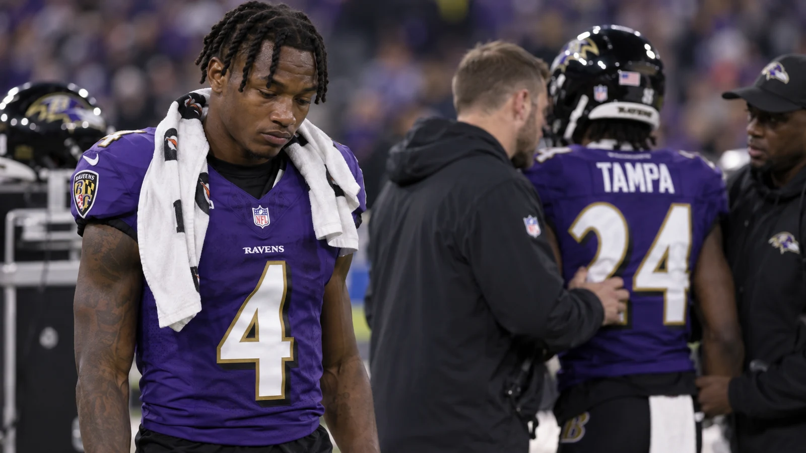 Baltimore Ravens sideline during the Zay Flowers and T.J. Tampa injury update