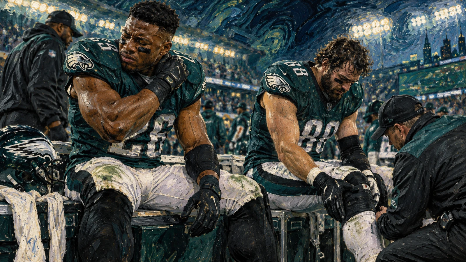 Philadelphia Eagles players Saquon Barkley and Dallas Goedert receiving sideline attention after injuries in Week 2.