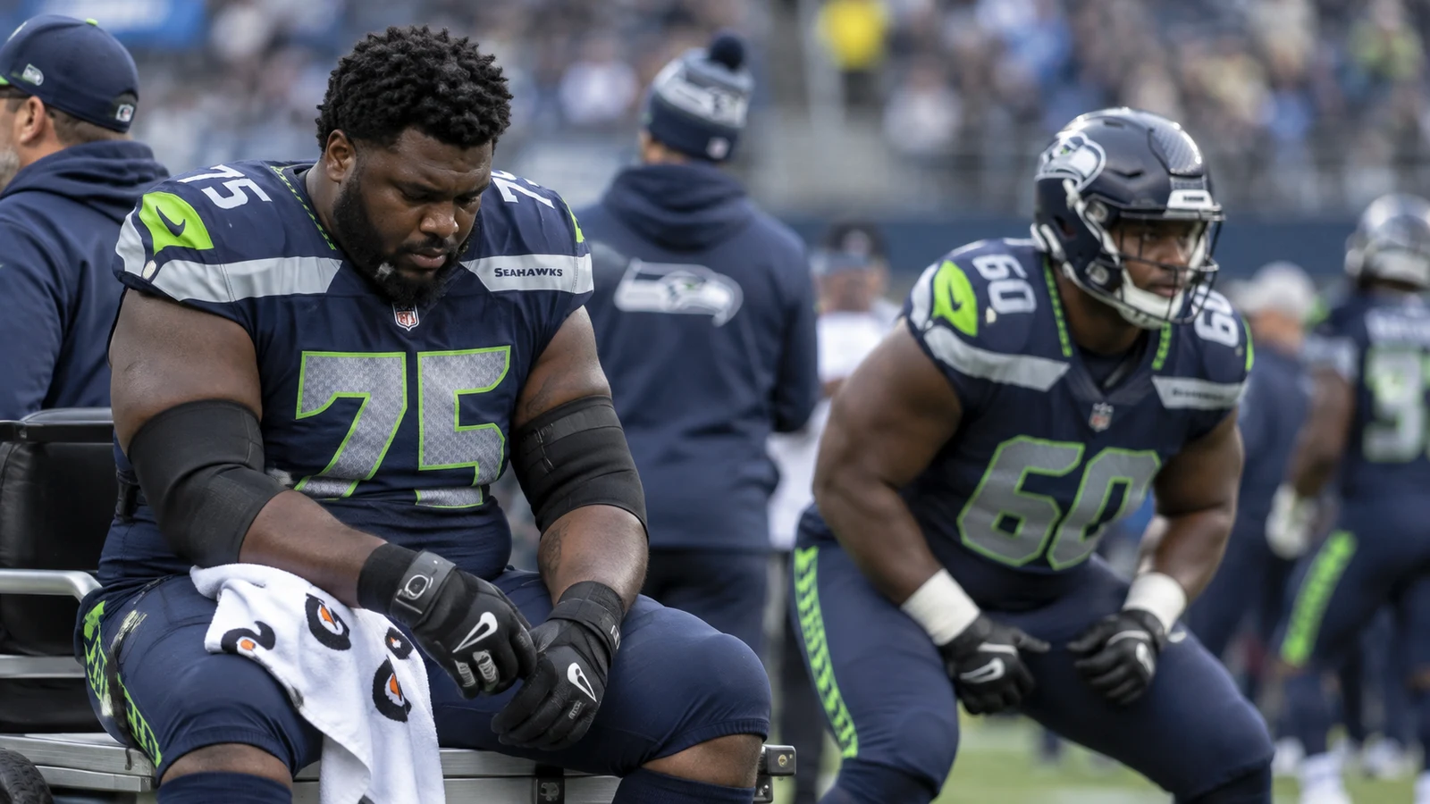 Seattle Seahawks offensive linemen during a Week 2 lineup change