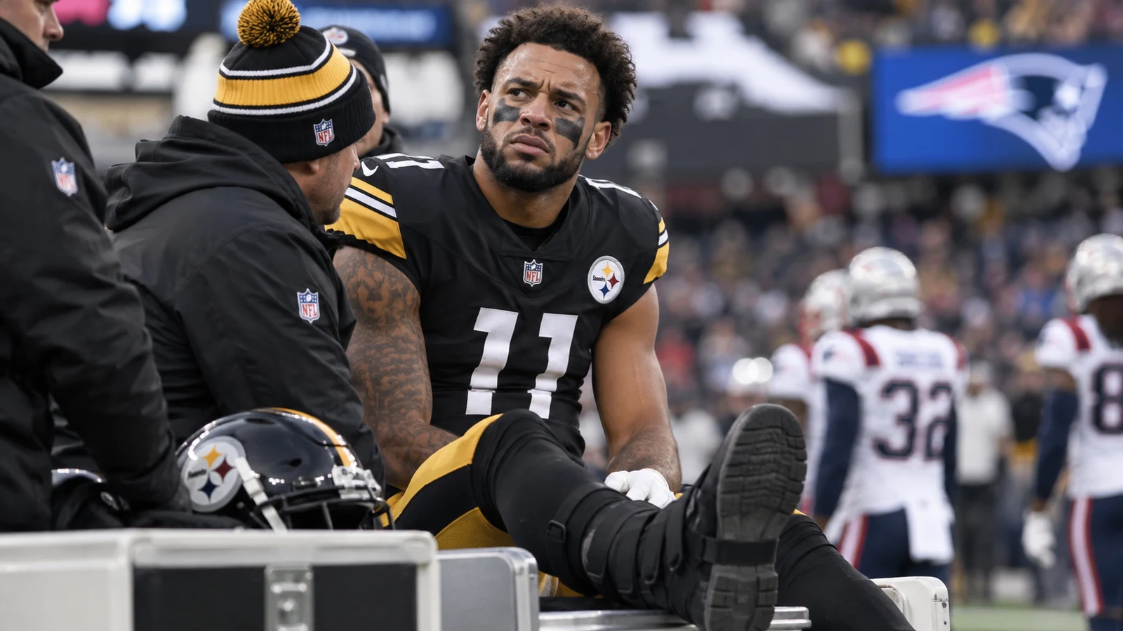 Pittsburgh Steelers receiver on the sideline with a foot injury
