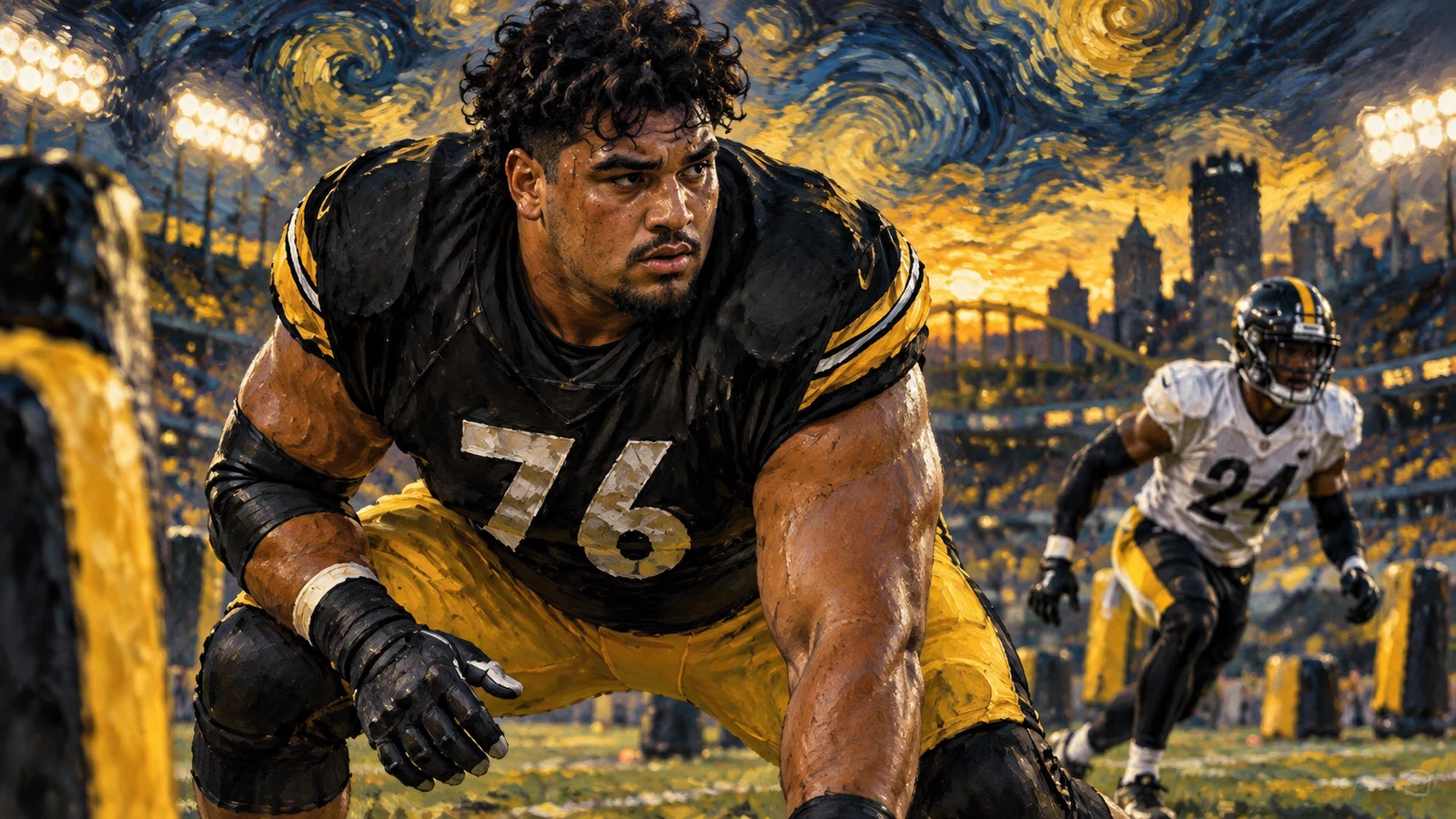 Pittsburgh Steelers editorial illustration featuring Troy Fautanu and Joey Porter Jr. as the team manages Week 2 injury and conditioning updates.