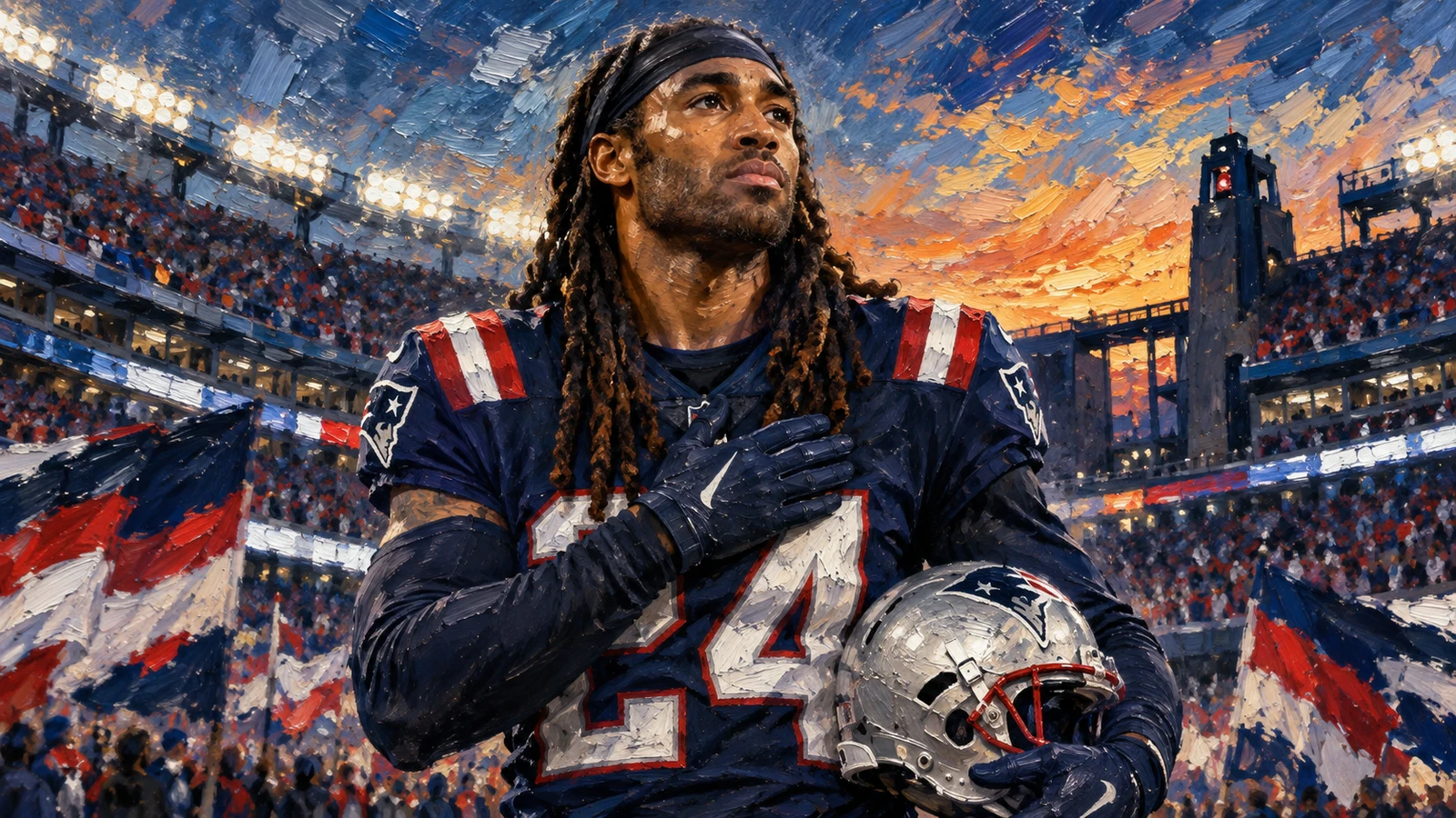 New England Patriots editorial illustration of Stephon Gilmore returning to Foxborough to formally retire as a Patriot.
