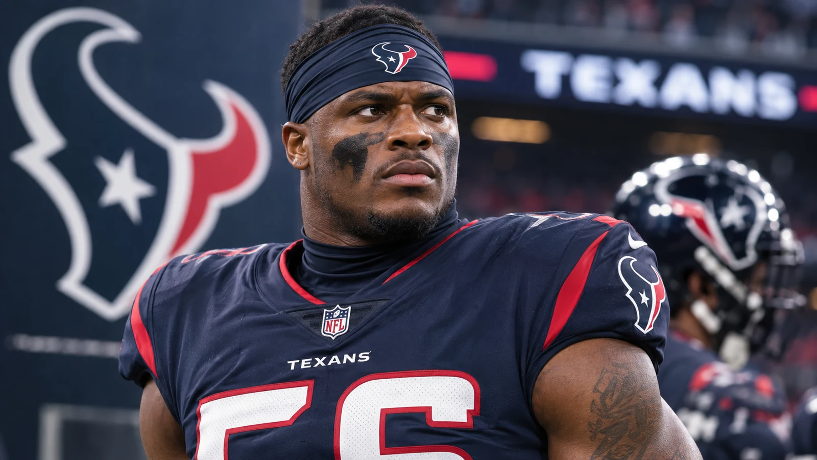 Houston Texans linebacker Kenneth Murray in a Texans uniform at the stadium.