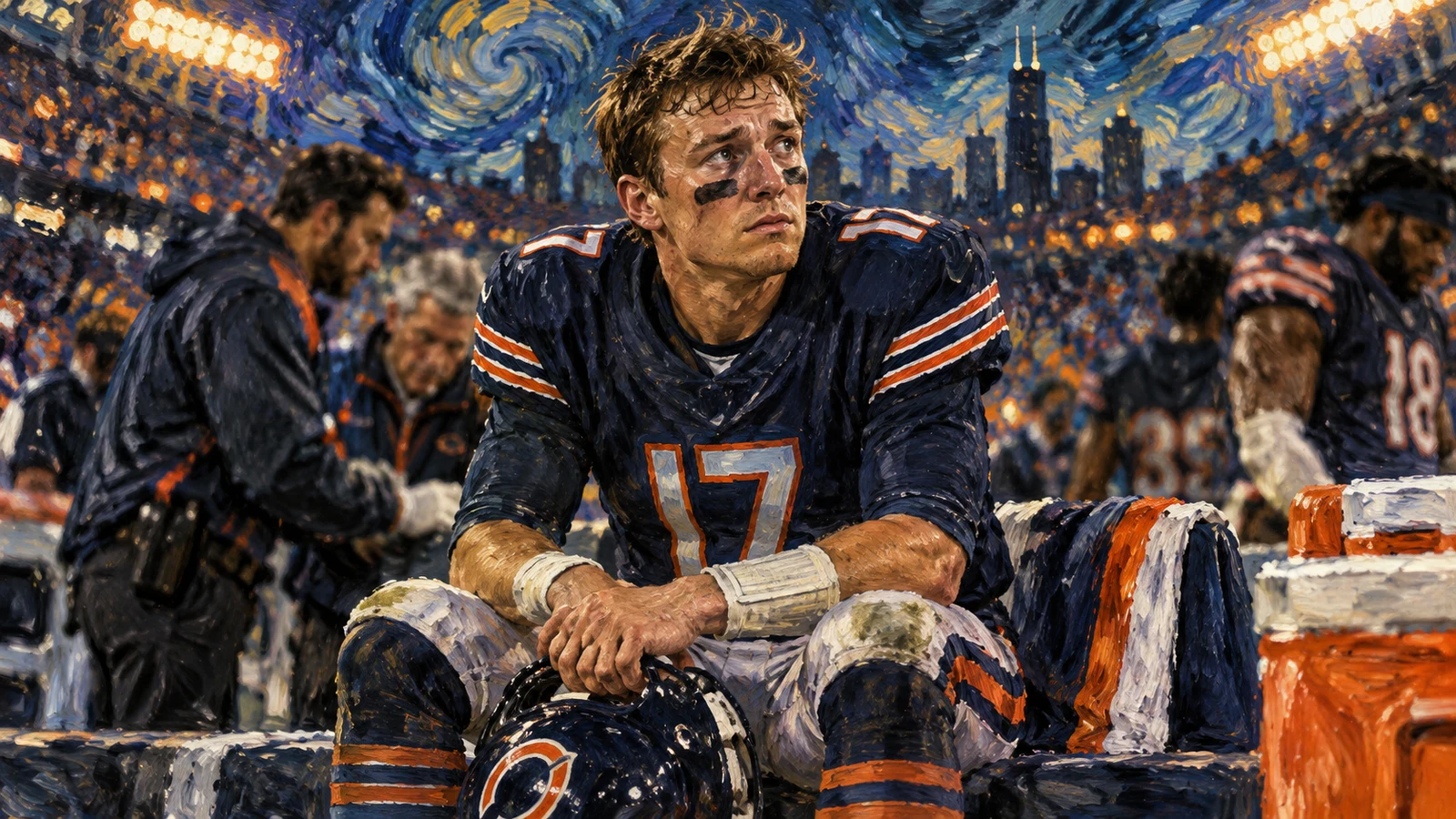 Chicago Bears quarterback Tyson Bagent on the sideline after entering the concussion protocol ahead of Week 3.