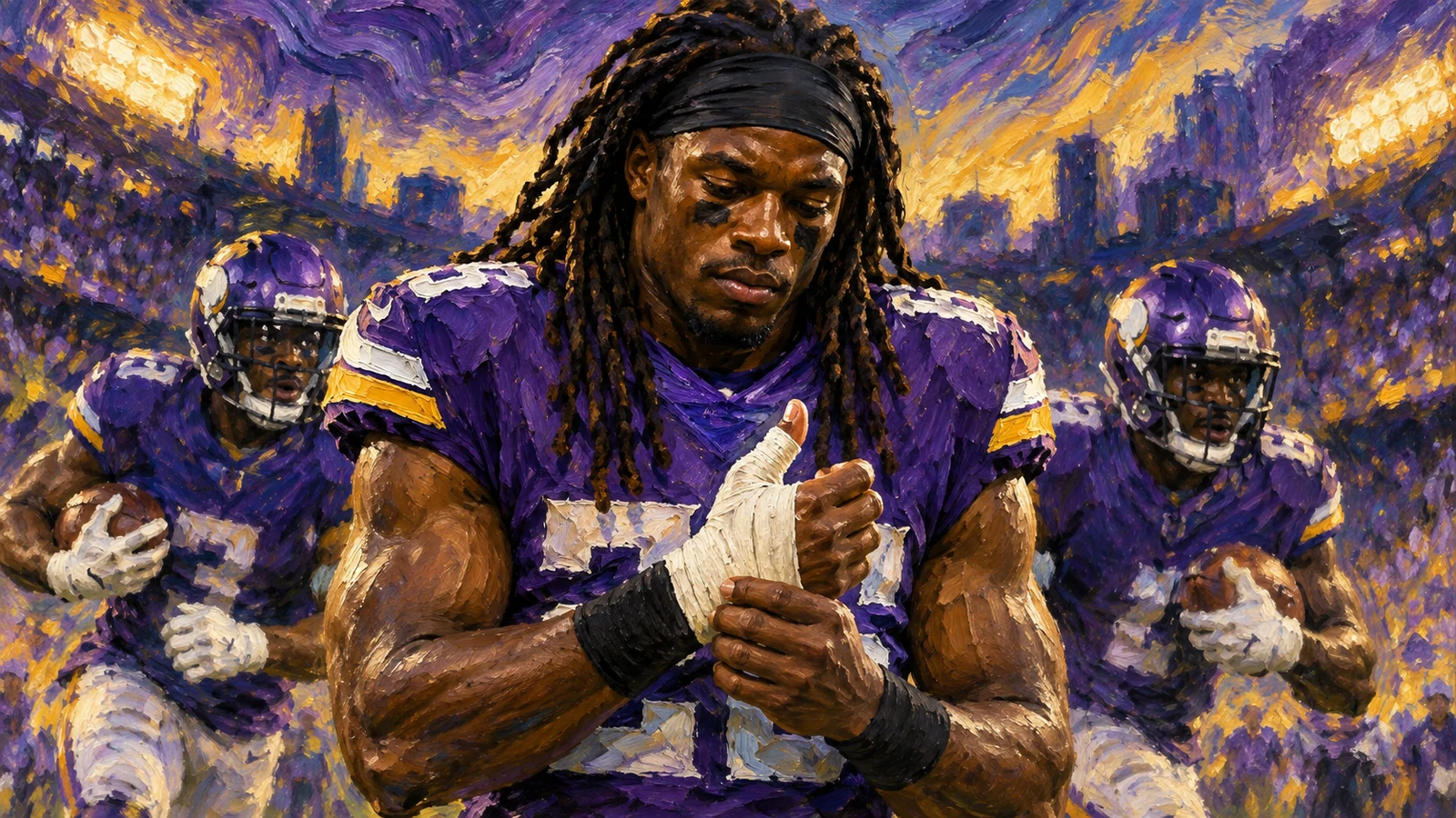 Minnesota Vikings editorial illustration representing the backfield changes after Jordan Mason's thumb surgery and injured-reserve move.