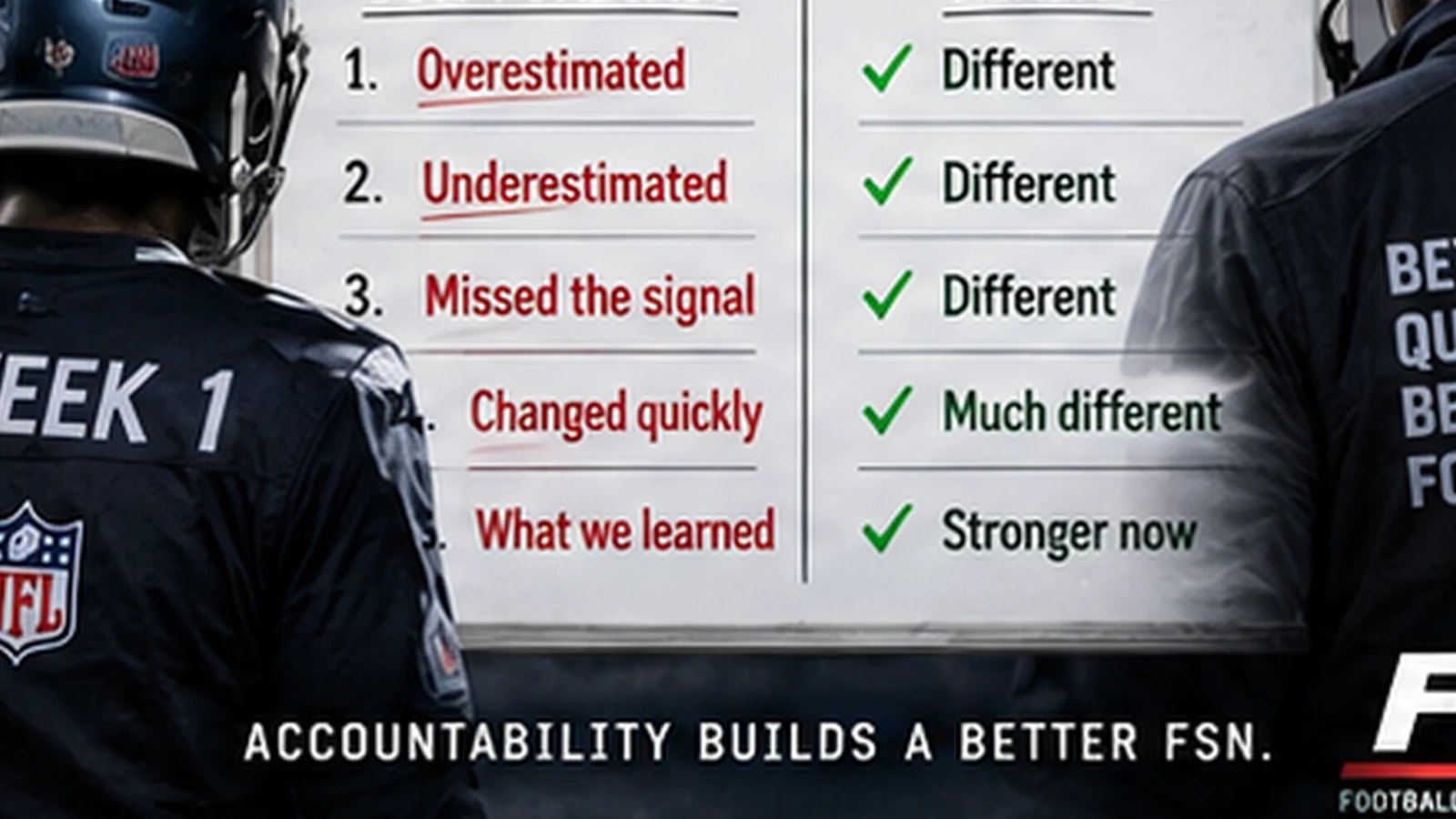 FSN Week 1 model postmortem reviewing where the NFL forecast missed and what changed by Week 3