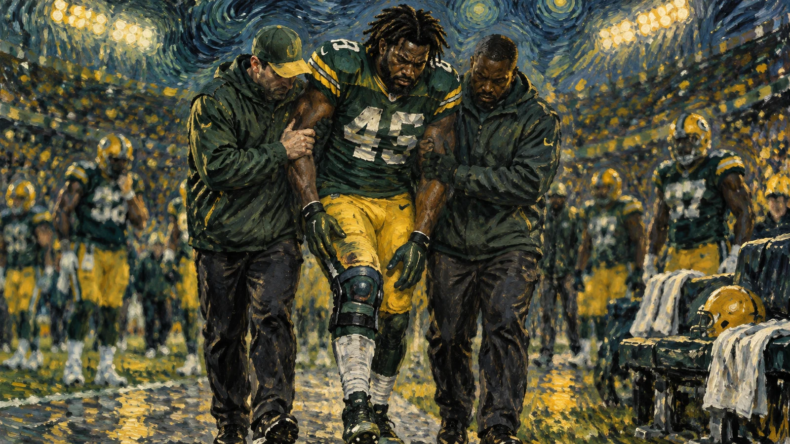 Green Bay Packers defender Zach Bako-Bewele being helped from the field after suffering a season-ending patellar tendon injury.